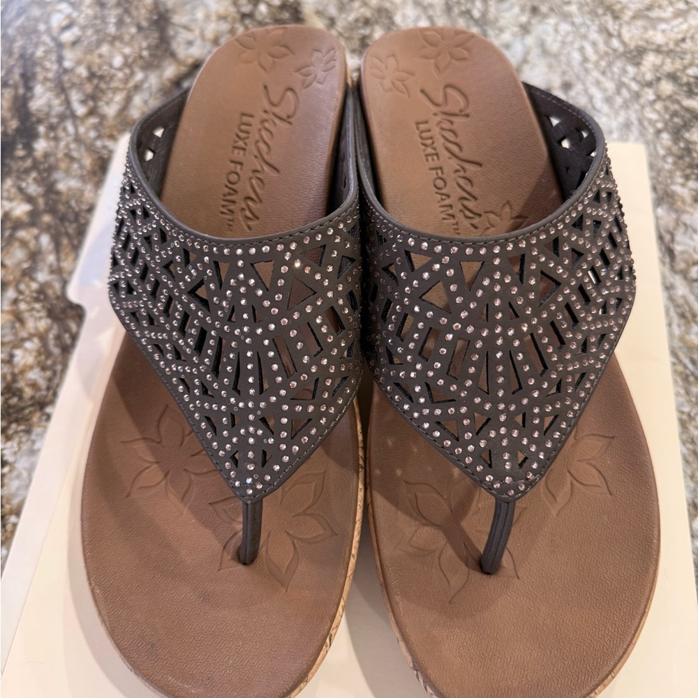 SKECHERS Beverlee jewel studded wedge sandals size 7. Luxe foam cork heel. - Picture 2 of 6